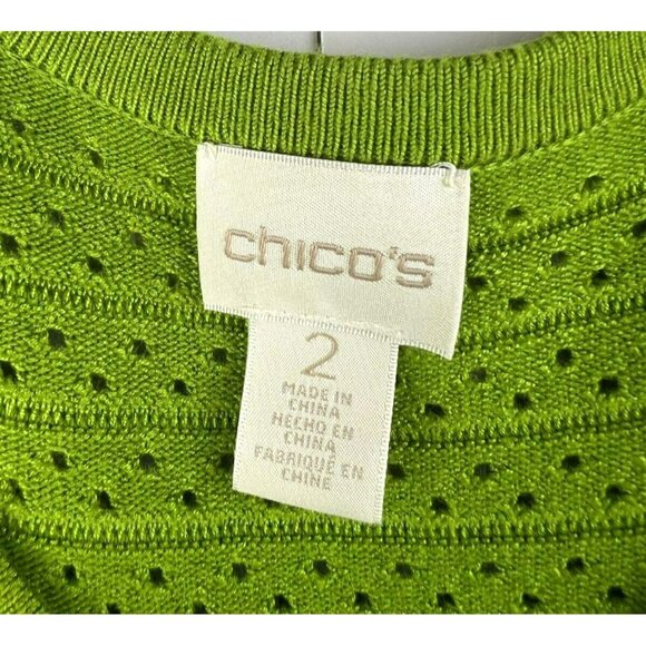 Chico's Cardigan 2 US Large 3/4 Sleeve Lime Green Open Crochet Hook Eye Sweater - Picture 2 of 6